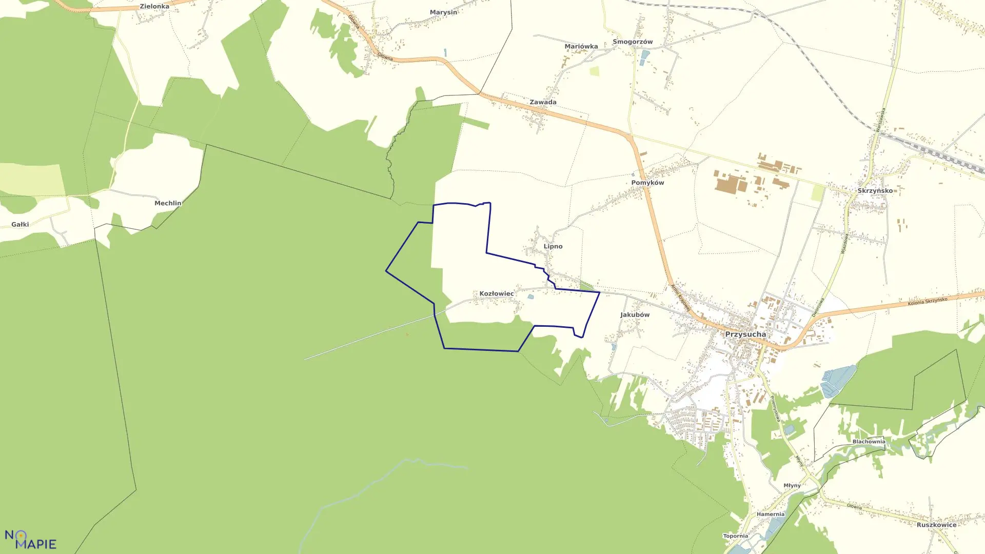 Mapa obrębu KOZŁOWIEC w gminie Przysucha